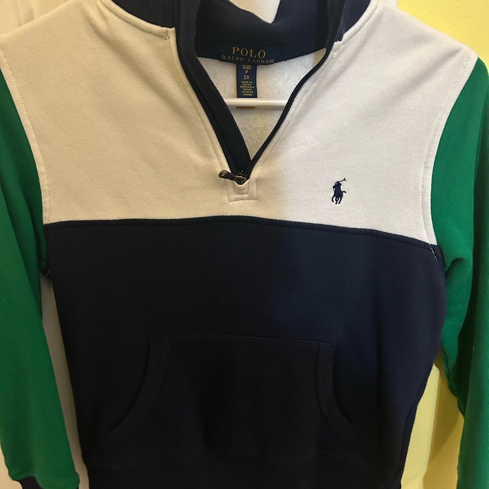 Polo by Ralph Lauren Kids Zip Up Sweatshirt- Green, Navy, White. Size 8